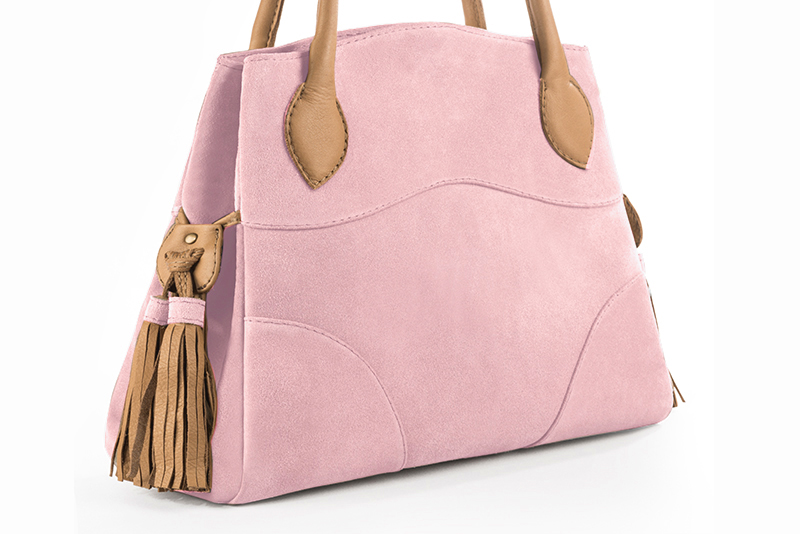 Light pink and camel beige women's dress handbag, matching pumps and belts. Rear view - Florence KOOIJMAN